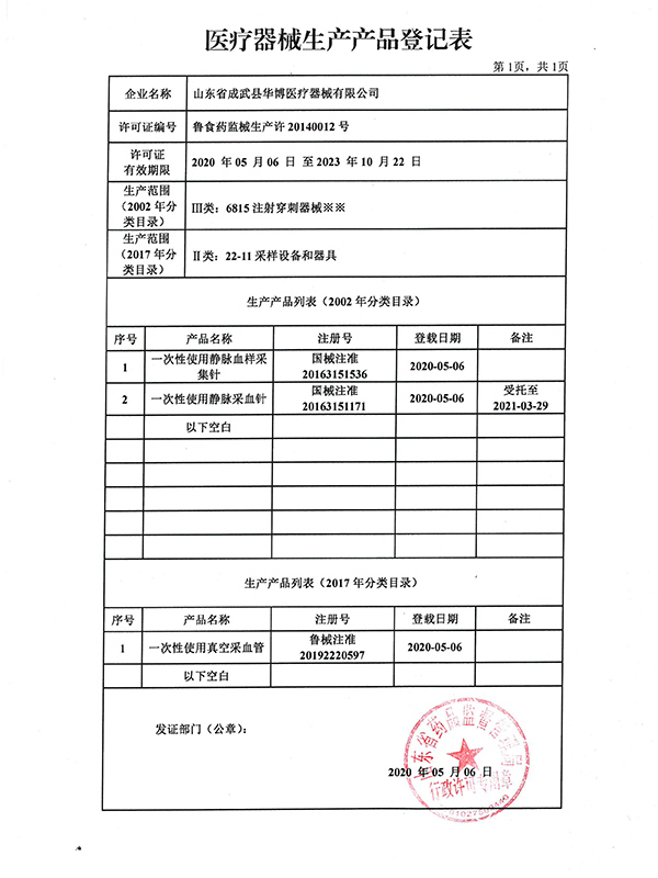 醫療器械生產產品登記表